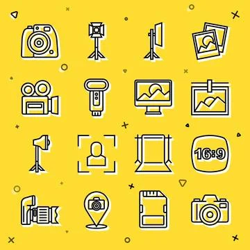 Set line Photo camera, frame 16, Studio light bulb in softbox, flash, Retro.. Stock-Illustration