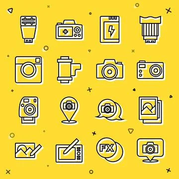 Set line Photo camera, frame, Battery for, Camera roll cartridge, flash and.. Stock Illustration