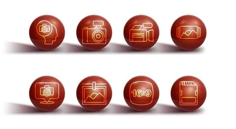 Set line Photo camera, frame, 16, SD card and Cinema icon. Vector 스톡 일러스트