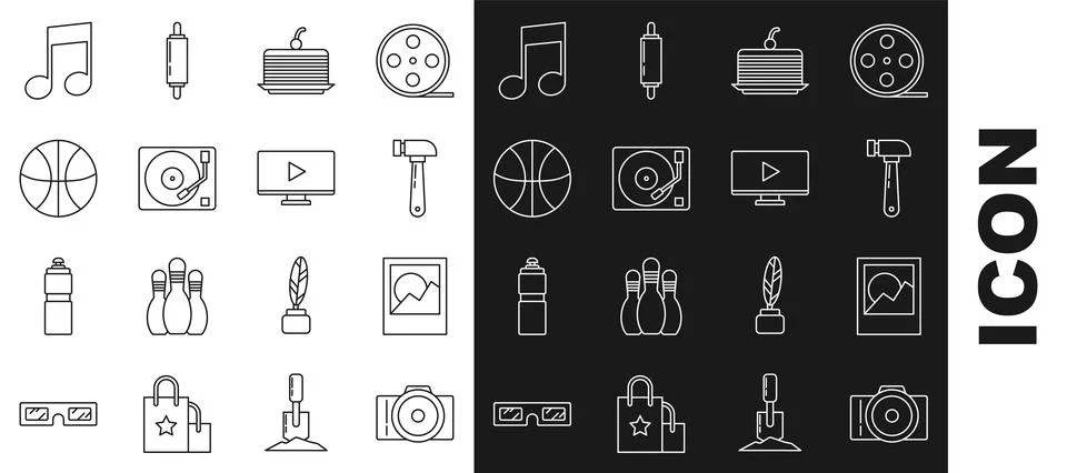 Set line Photo camera, frames, Hammer, Cake, Vinyl player with vinyl disk, .. Stock Illustration