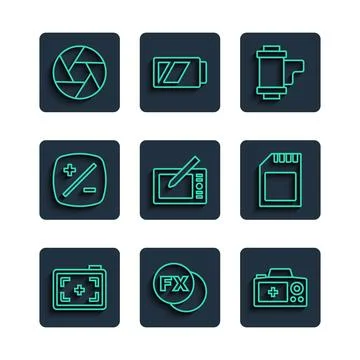 Set line Photo camera, fx, Camera roll cartridge, Graphic tablet, Exposure Stock Illustration