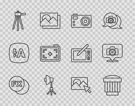 Set line Photo camera fx, Camera photo lens, Softbox light, Tripod, retouching Stock Illustration