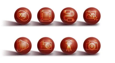 Set line Photo camera fx, retouching, Camera roll cartridge,  and USB cable.. Stock Illustration
