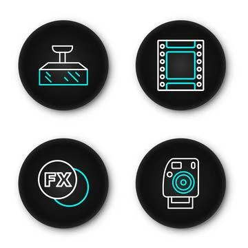 Set line Photo camera, fx, Camera roll cartridge and Softbox light icon. Vect Stock Illustration