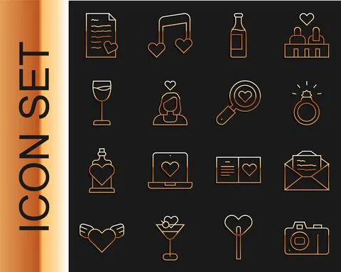 Set line Photo camera, Greeting card, Diamond engagement ring, Wine bottle Stock Illustration
