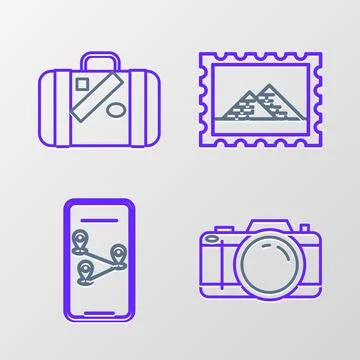 Set line Photo camera, Infographic of city map navigation, Postal stamp and.. Stock Illustration