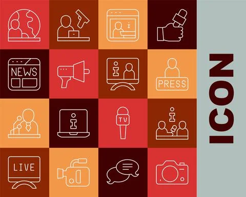 Set line Photo camera, Interview, Journalist news, Information, Megaphone, News 스톡 일러스트