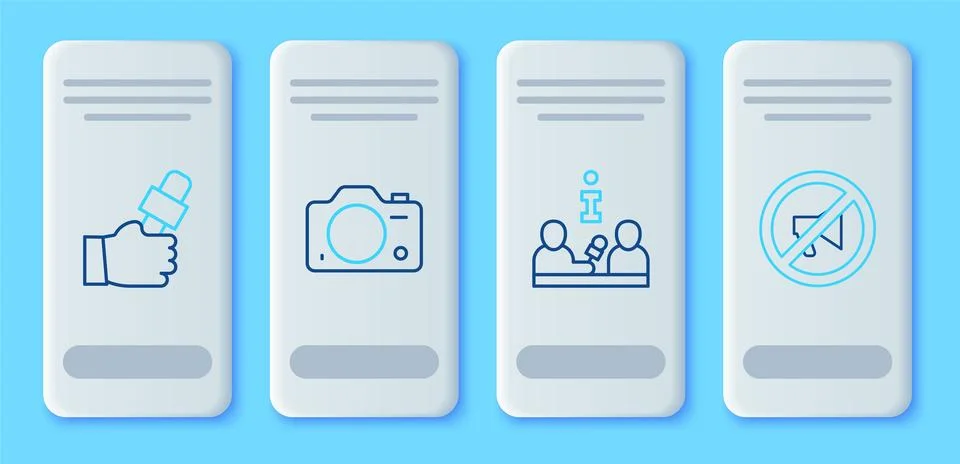 Set line Photo camera Interview Journalist news and Censored stamp icon. Vect Stock Illustration