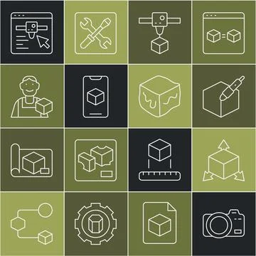 Set line Photo camera, Isometric cube, 3d pen tool, 3D printer, software, G.. Ilustração Stock