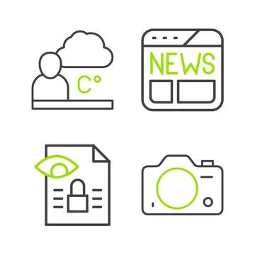 Set line Photo camera, Journalistic investigation, News and Weather forecast 库存插图