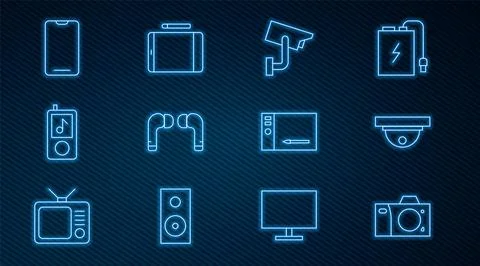 Set line Photo camera, Motion sensor, Security, Air headphones, Music player Stock Illustration