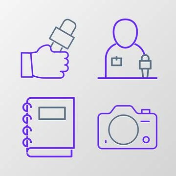Set line Photo camera, Notebook, Journalist news and  icon. Vector Stockillustratie