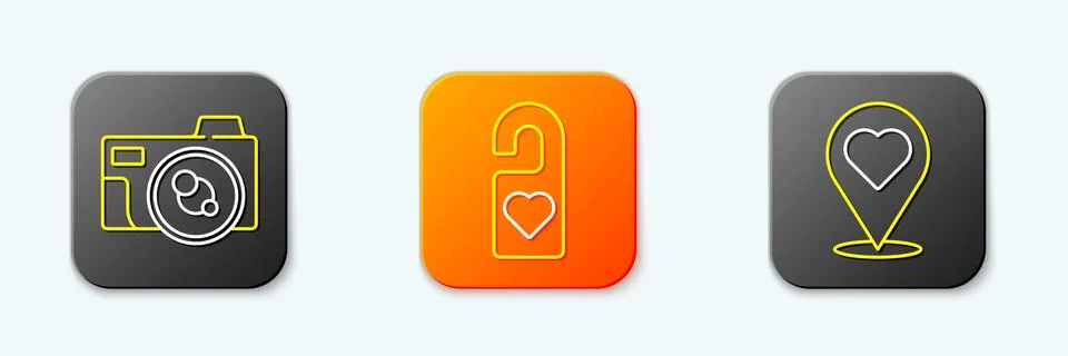 Set line Photo camera, Please do not disturb and Location with heart icon. .. Stock Illustration