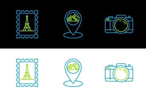 Set line Photo camera, Postal stamp and Eiffel tower and Map pointer with E.. Stock Illustration
