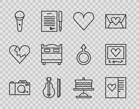 Set line Photo camera, Postcard with heart, Heart, Violin, Microphone, Bedroom 스톡 일러스트