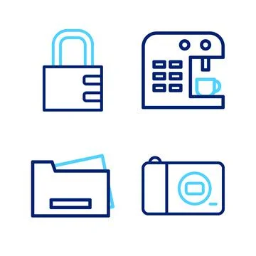 Set line Photo camera, Printer, Coffee machine and Safe combination lock icon Stock Illustration