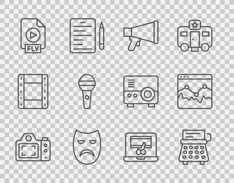 Set line Photo camera, Retro typewriter, Megaphone, Drama theatrical mask, .. Stock Illustration