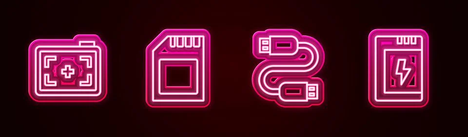 Set line Photo camera, SD card, USB cable cord and Battery for. Glowing neon Stockillustratie