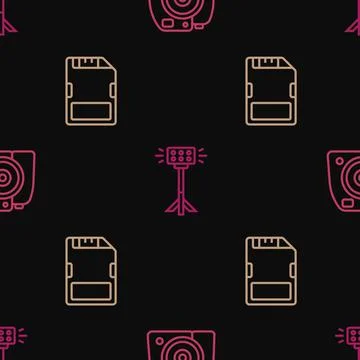 Set line Photo camera, SD card and Studio light bulb in softbox on seamless p Stock Illustration