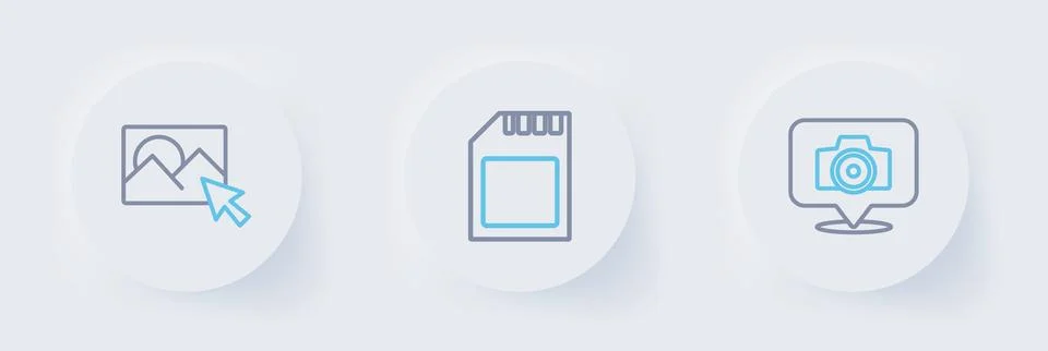 Set line Photo camera, SD card and retouching icon. Vector Stock Illustration