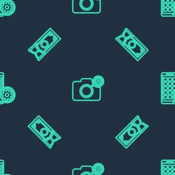 Set line Photo camera setting, Fast payments and Mobile Apps on seamless pattern Stockillustratie