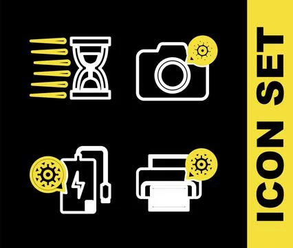 Set line Photo camera setting, Printer, Power bank and Old hourglass with san Stock Illustration