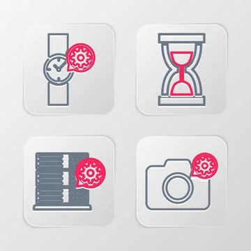 Set line Photo camera setting, Server, Old hourglass with sand and Wrist wa.. Illustrazione stock