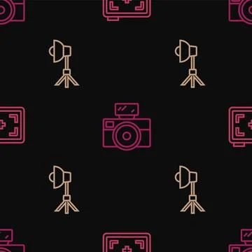 Set line Photo camera, Softbox light and with flash on seamless pattern. Vector Illustrazione stock