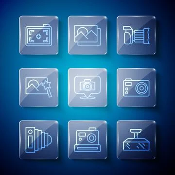 Set line Photo camera, Softbox light, retouching, and icon. Vector Stockillustratie