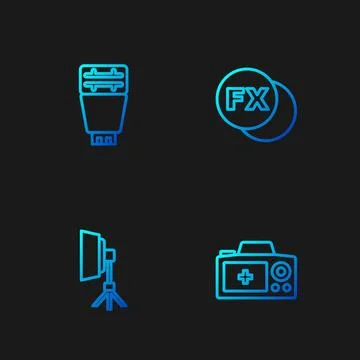 Set line Photo camera, Softbox light, flash and fx. Gradient color icons. V.. Stock Illustration