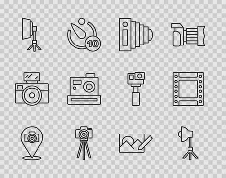 Set line Photo camera, Softbox light, retouching and Camera roll cartridge .. 스톡 일러스트