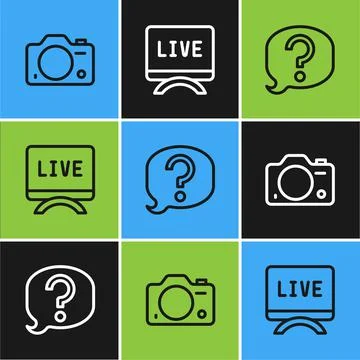 Set line Photo camera, Speech bubble chat and Live report icon. Vector Illustrazione stock