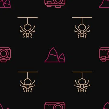 Set line Photo camera, Spider and Mountains on seamless pattern. Vector Stock Illustration
