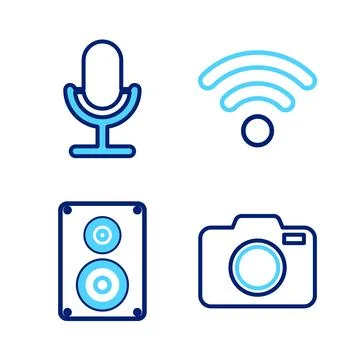 Set line Photo camera, Stereo speaker, Wi-Fi wireless network and Microphon.. Stock Illustration