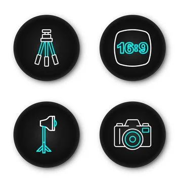 Set line Photo camera, Studio light bulb in softbox, frame 16 and Tripod ic.. Stock Illustration