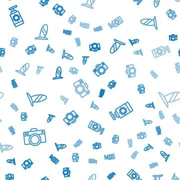 Set line Photo camera, Sunscreen spray bottle and Surfboard on seamless pattern Illustrazione stock