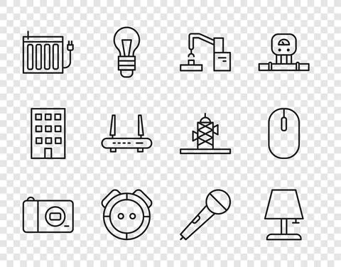 Set line Photo camera, Table lamp, Robotic robot arm hand factory, vacuum 스톡 일러스트