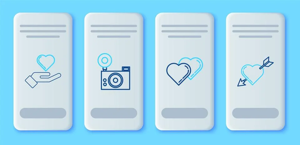 Set line Photo camera, Two Linked Hearts, on hand and Amour symbol with hea.. Stock Illustration