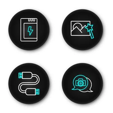 Set line Photo camera, USB cable cord, retouching and Battery for icon. Vecto Stock Illustration