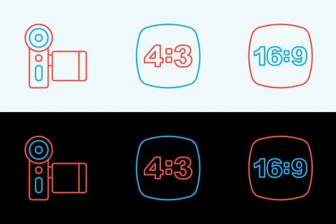 Set line Photo frame 16, Cinema camera and 4 icon. Vector Stock Illustration