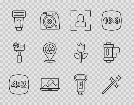 Set line Photo frame 4, retouching, Camera focus line, camera flash, shutte.. Stock Illustration