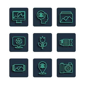 Set line Photo frame, camera, mode macro, Camera shutter, retouching and photo Illustrazione stock