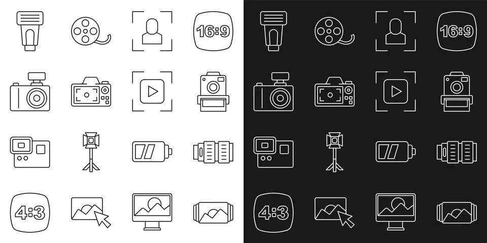 Set line Photo frame, Camera photo lens, camera, focus line, flash and icon Stock Illustration