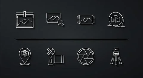 Set line Photo frame, camera, Camera shutter, Cinema, retouching, Tripod an.. Illustrazione stock