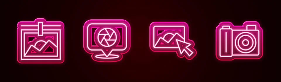 Set line Photo frame, Camera shutter, retouching and camera. Glowing neon icon イラスト素材