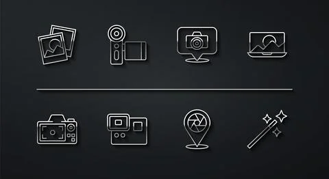 Set line Photo frame, camera, retouching, Camera shutter, Action extreme, C.. Illustrazione stock