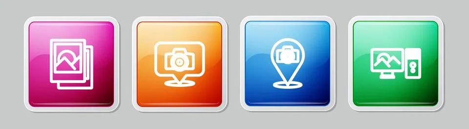 Set line Photo frame, camera,  and retouching. Colorful square button. Vector イラスト素材