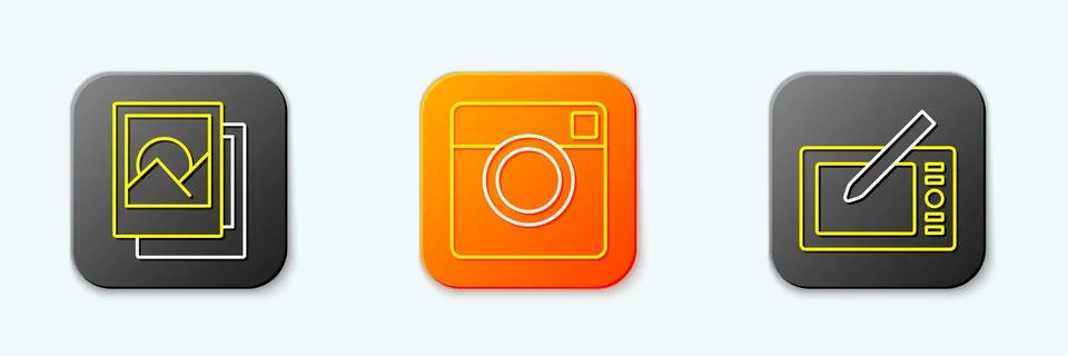 Set line Photo frame, camera and Graphic tablet icon. Vector Stock Illustration