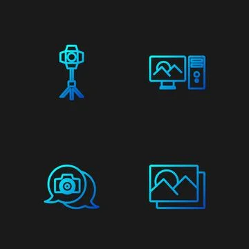Set line Photo frame, camera, Softbox light and retouching. Gradient color .. Stock Illustration
