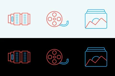 Set line Photo frame, Camera photo lens and Film reel icon. Vector Stock Illustration